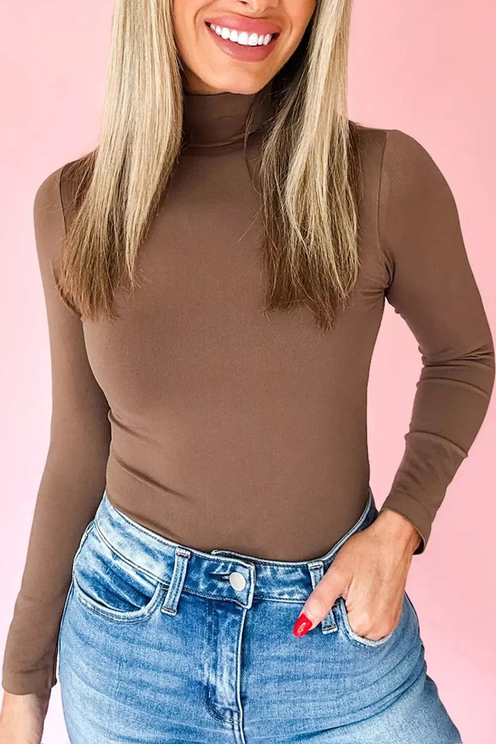 Women Slim Fit High Neck Long Sleeve Basic Layering Top