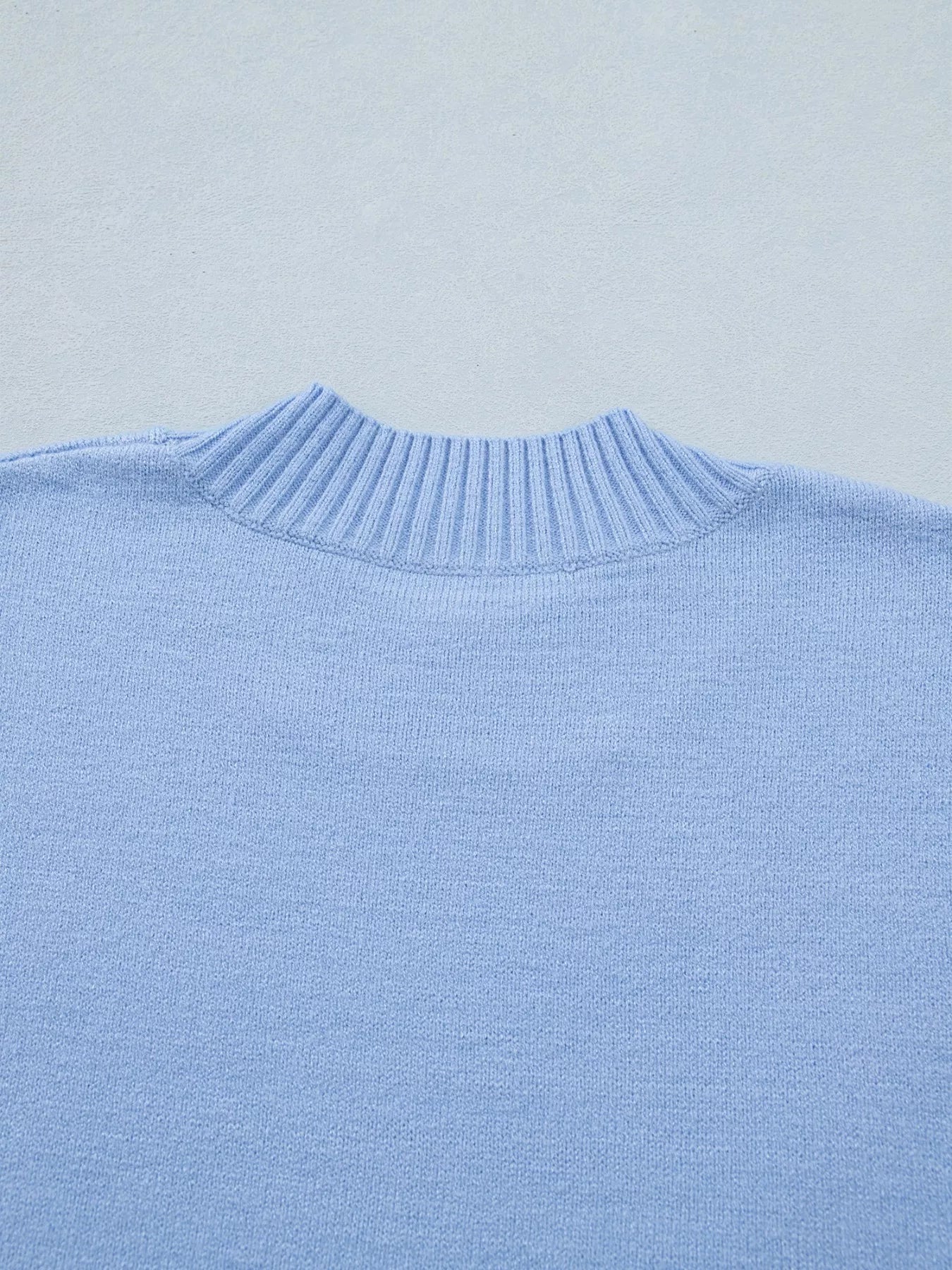 Blue Ribbed Knit Short Sleeve Sweater with Ruffle Trim