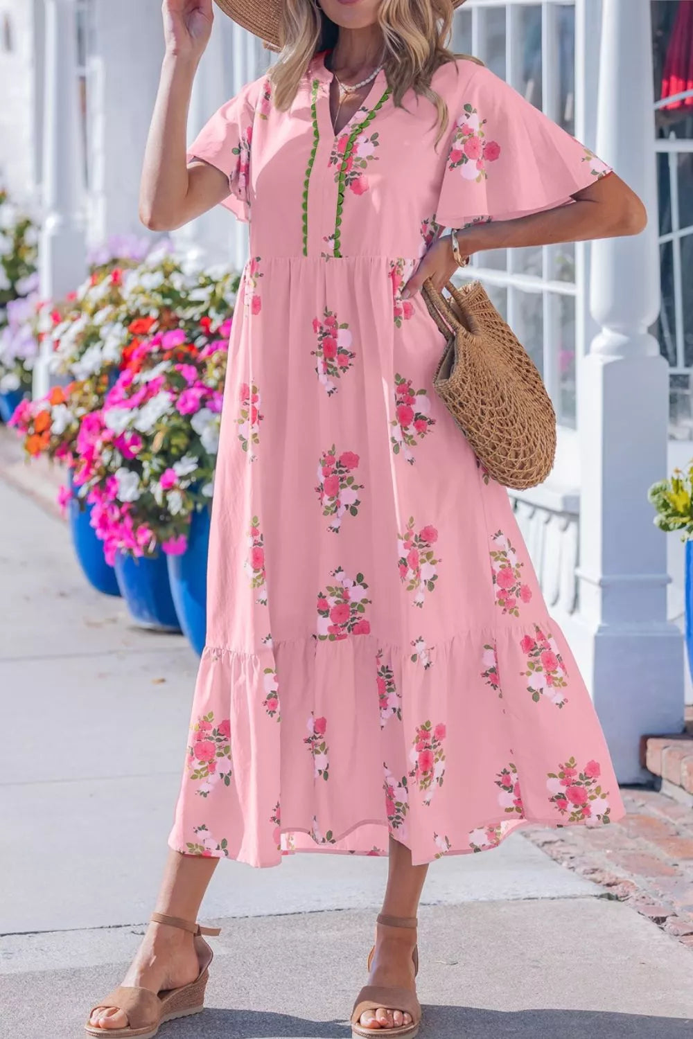 Pink Floral Notched Neck Flutter Sleeve Tiered Midi Dress