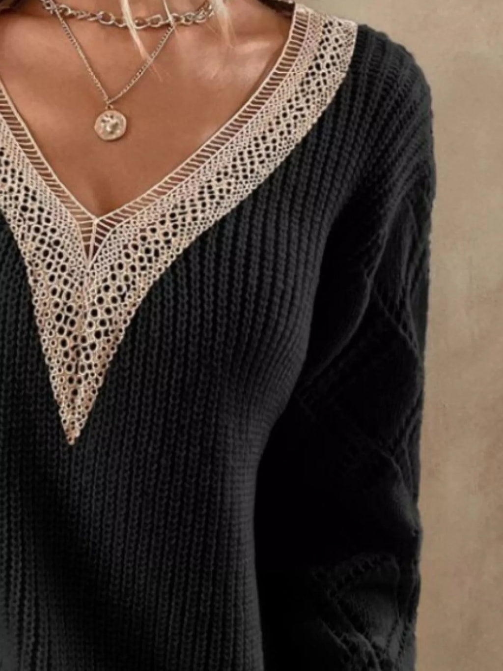 Women's V-Neck Openwork Knit Sweater - Bohemian Casual-Chic Top
