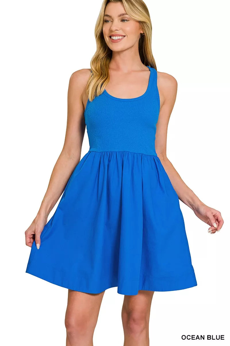Zenana Mixed Knit & Woven Midi Dress