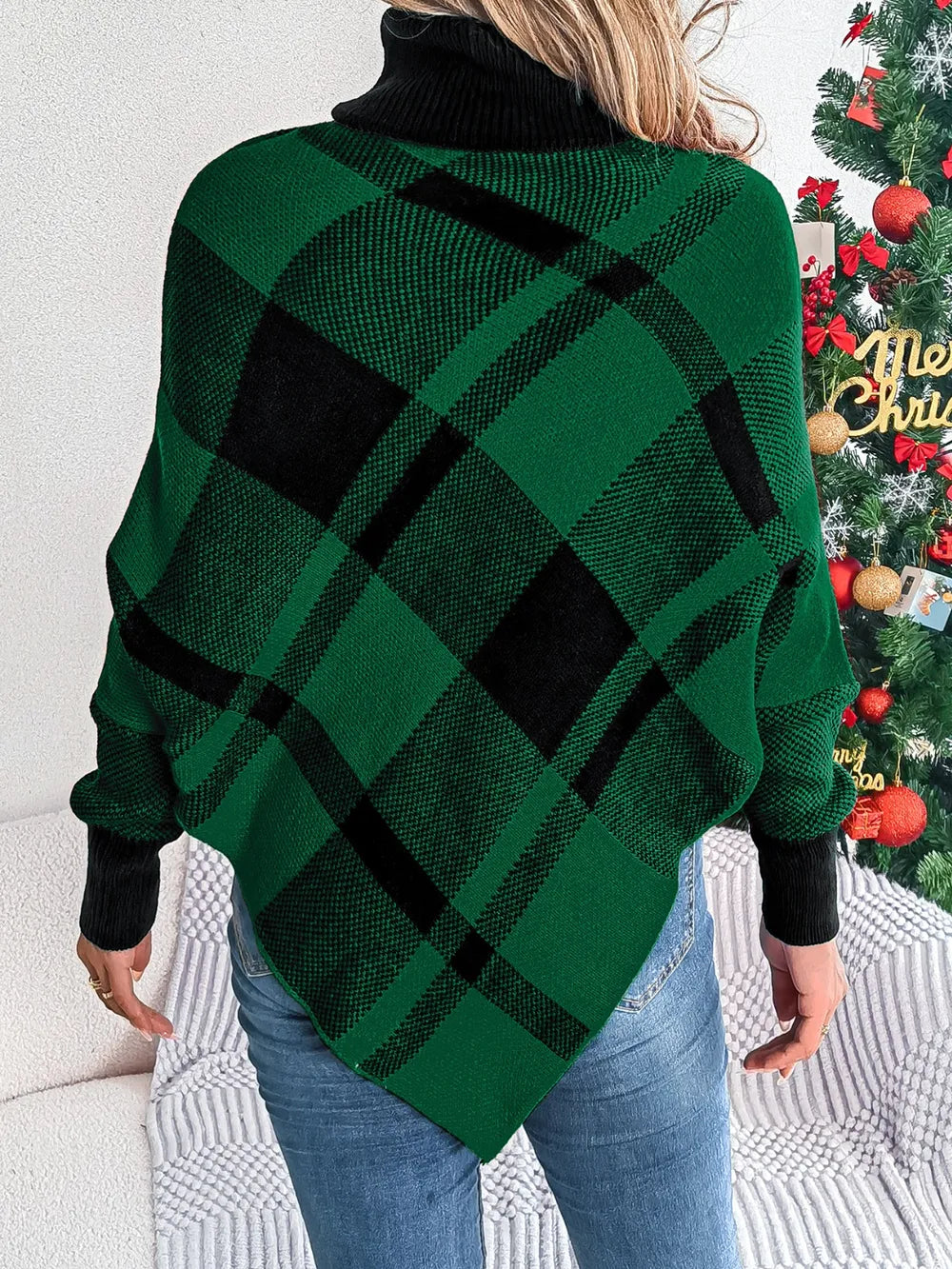 Women's Plaid Turtleneck Batwing Sleeve Sweater in Red and Black