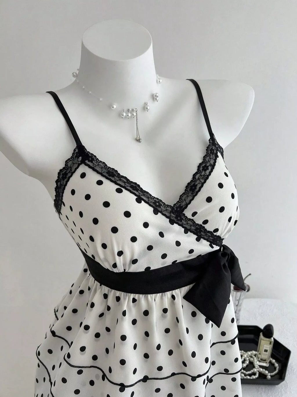 Polka Dot Ruffle Hem Cami with Lace Trim and Waist Tie