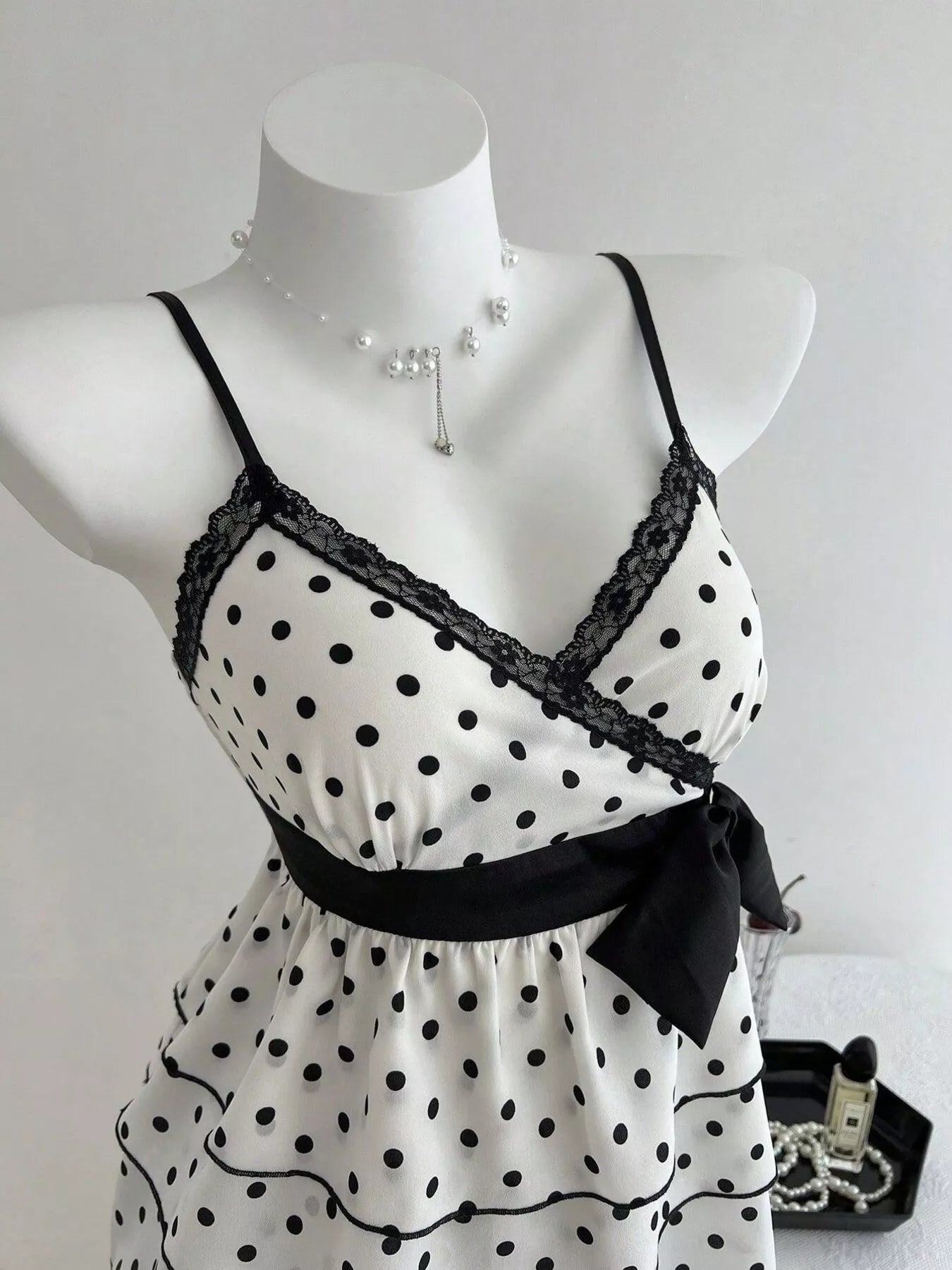 Polka Dot Ruffle Hem Cami with Lace Trim and Waist Tie