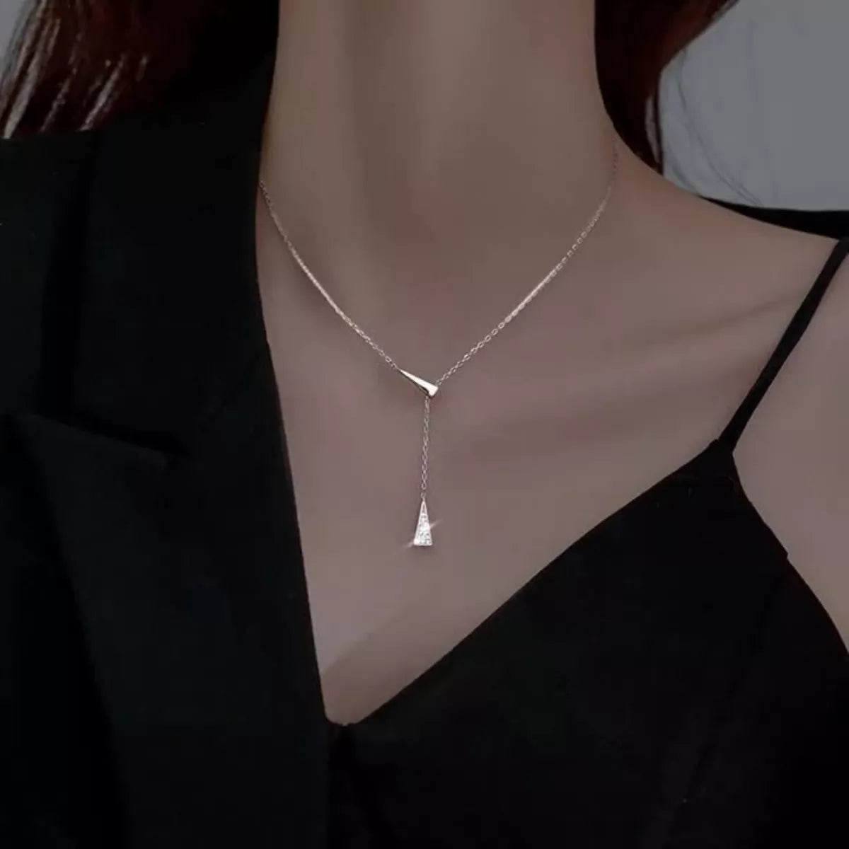Dainty Triangle Pendant Y-Necklace with Zircon Accents