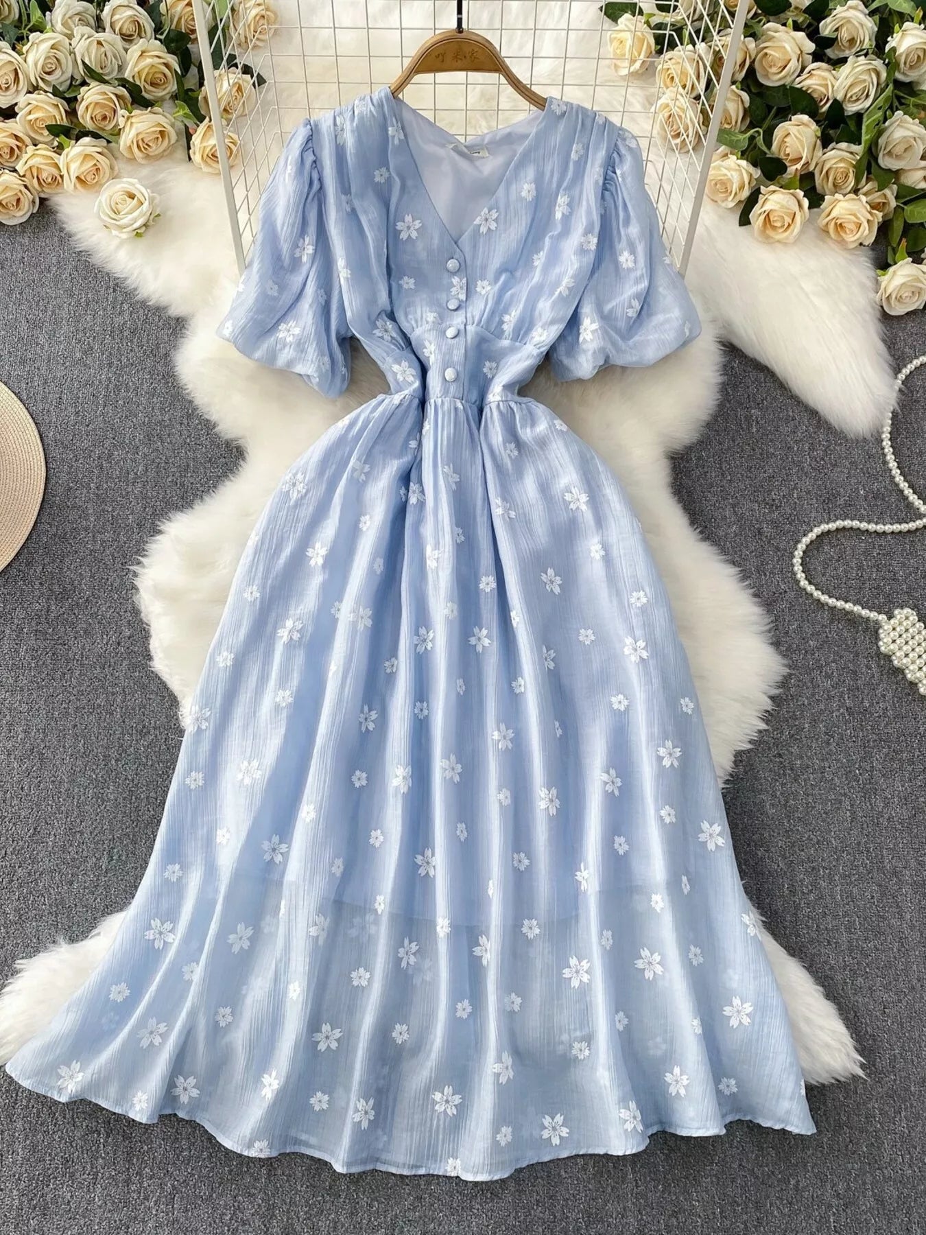 Floral Puff Sleeve A-Line Midi Dress