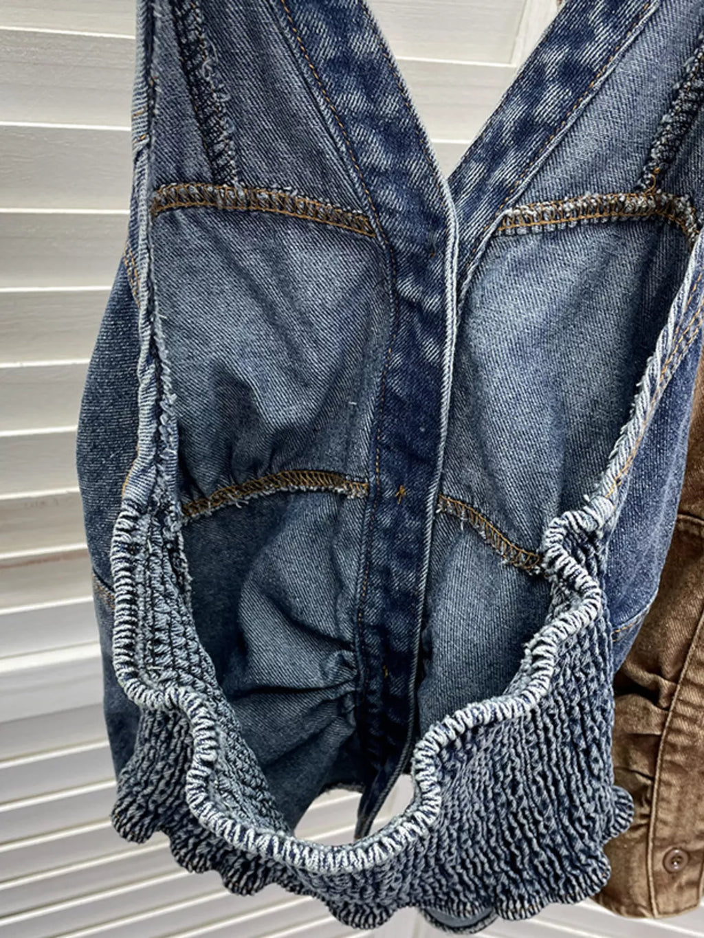 Smocked Denim Halter Collar Top in Blue