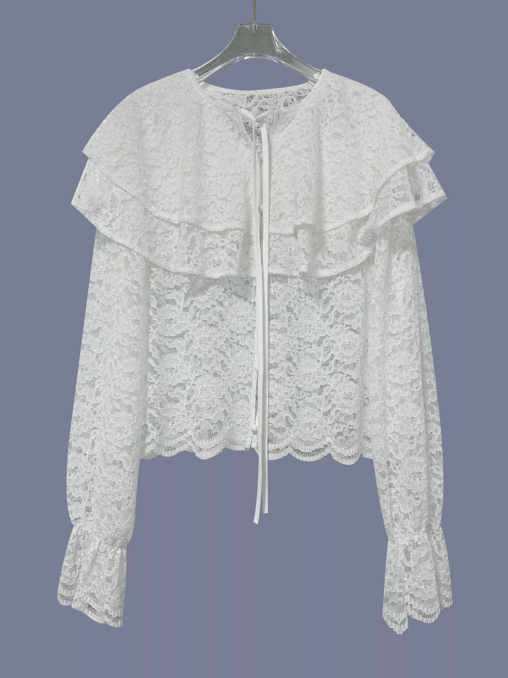Women's White Ruffled Lace Flounce Sleeve Blouse