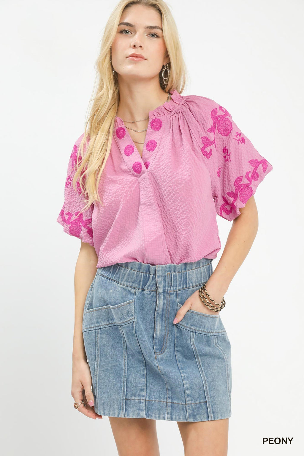 Peony Pink Embroidered Textured Flutter Sleeve Top