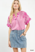 Peony Pink Embroidered Textured Flutter Sleeve Top