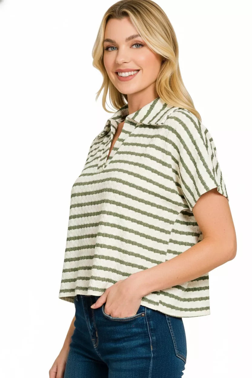 Women's Olive Striped Split Neck Collared Top