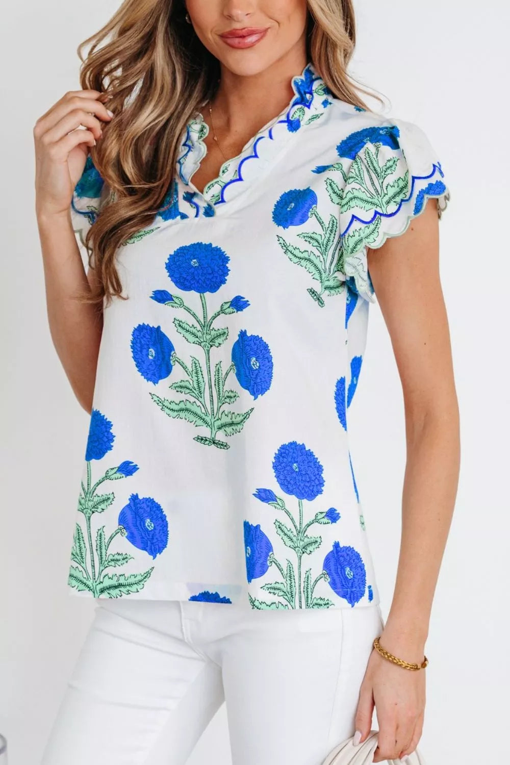 Floral Scallop Trim V Neck Blouse White Pink Green