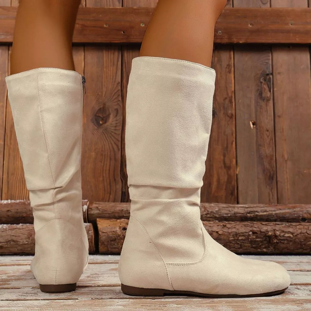 Women's Round Toe Side Zip Suede Mid-Calf Boots