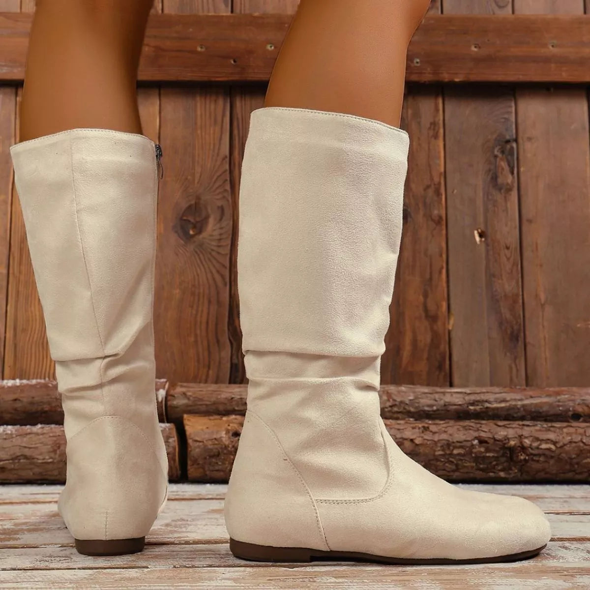Women's Round Toe Side Zip Suede Mid-Calf Boots