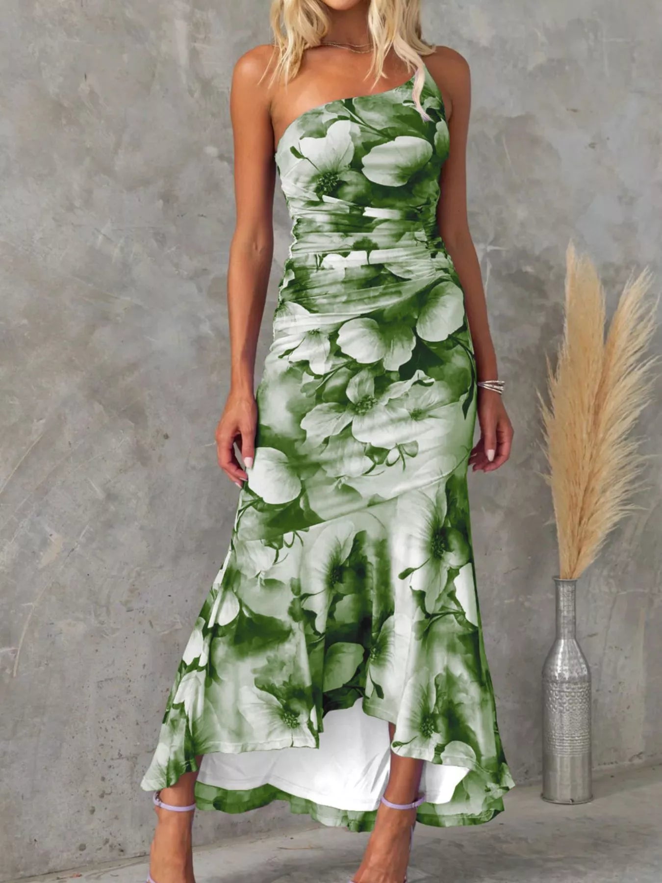 Floral Print One-Shoulder Ruched Maxi Dress in Purple