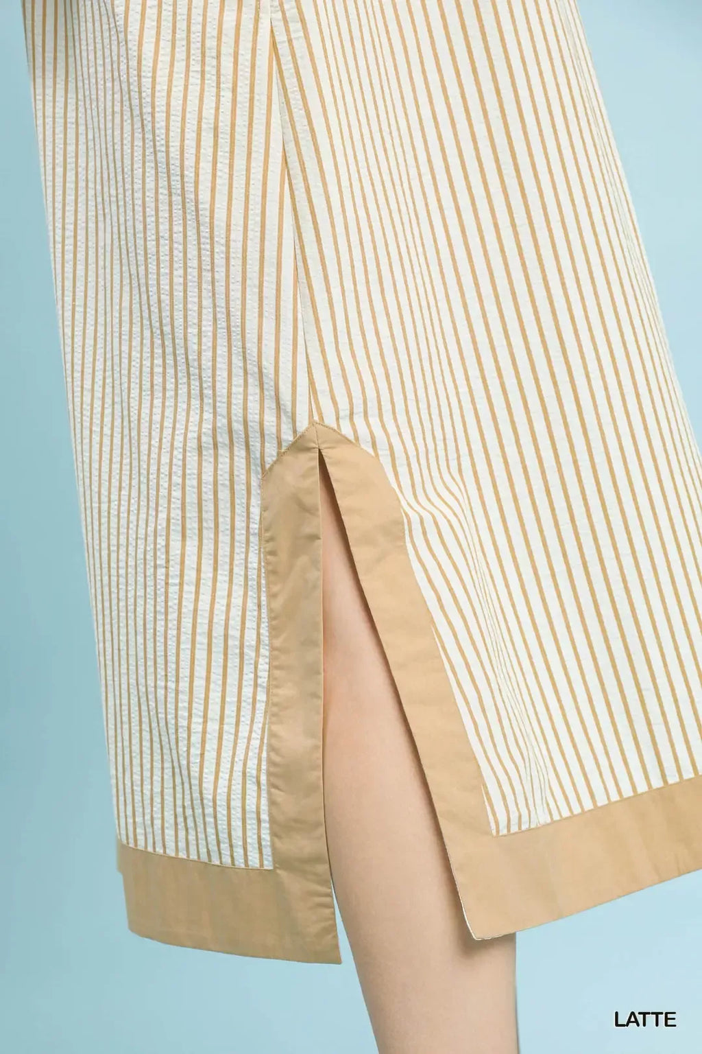 Tan Stripe Midi Dress with Flutter Sleeves and Applique Detail