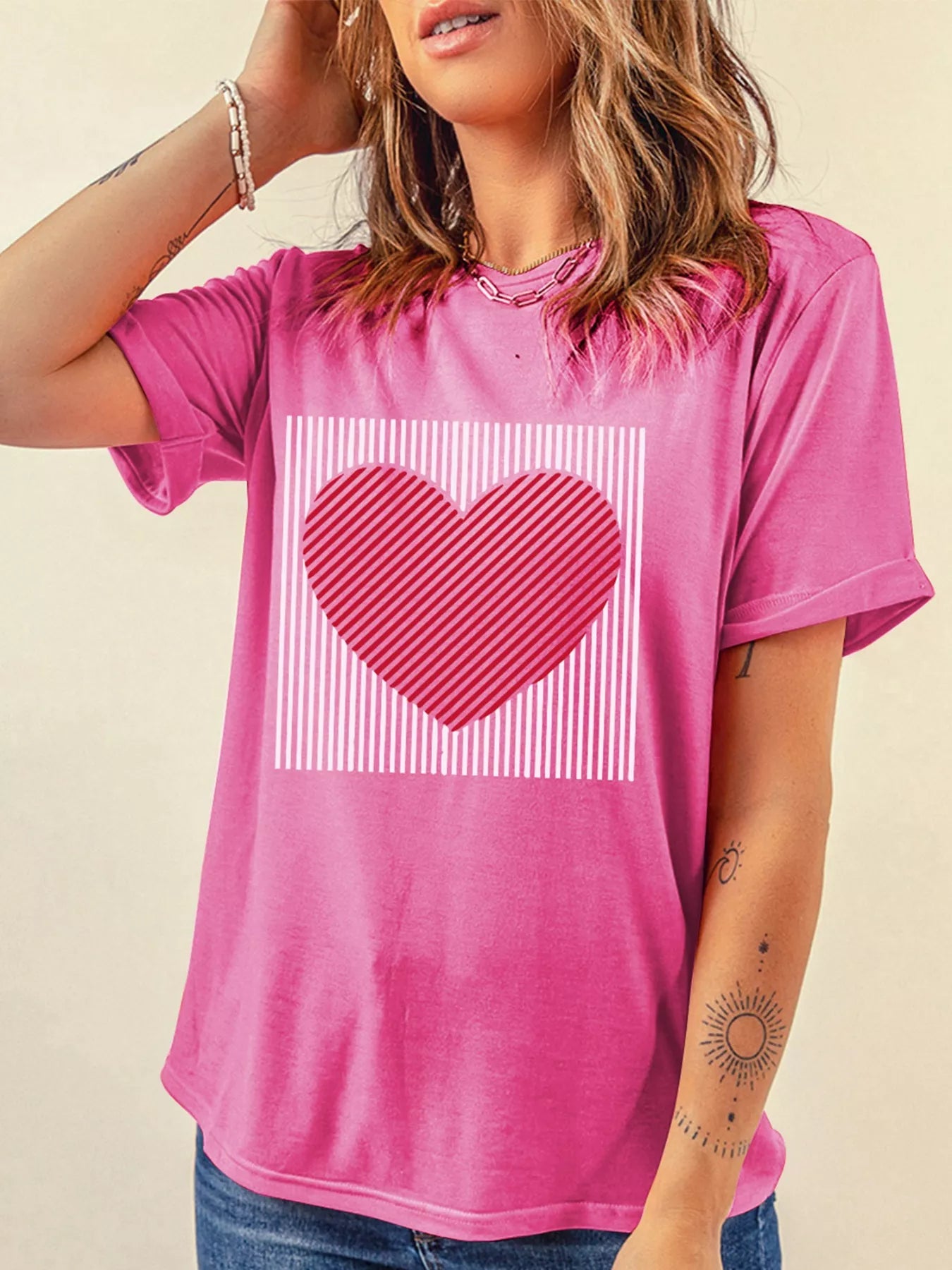 Women’s Valentine’s Day Heart Graphic Tee Contrast Stripe Top