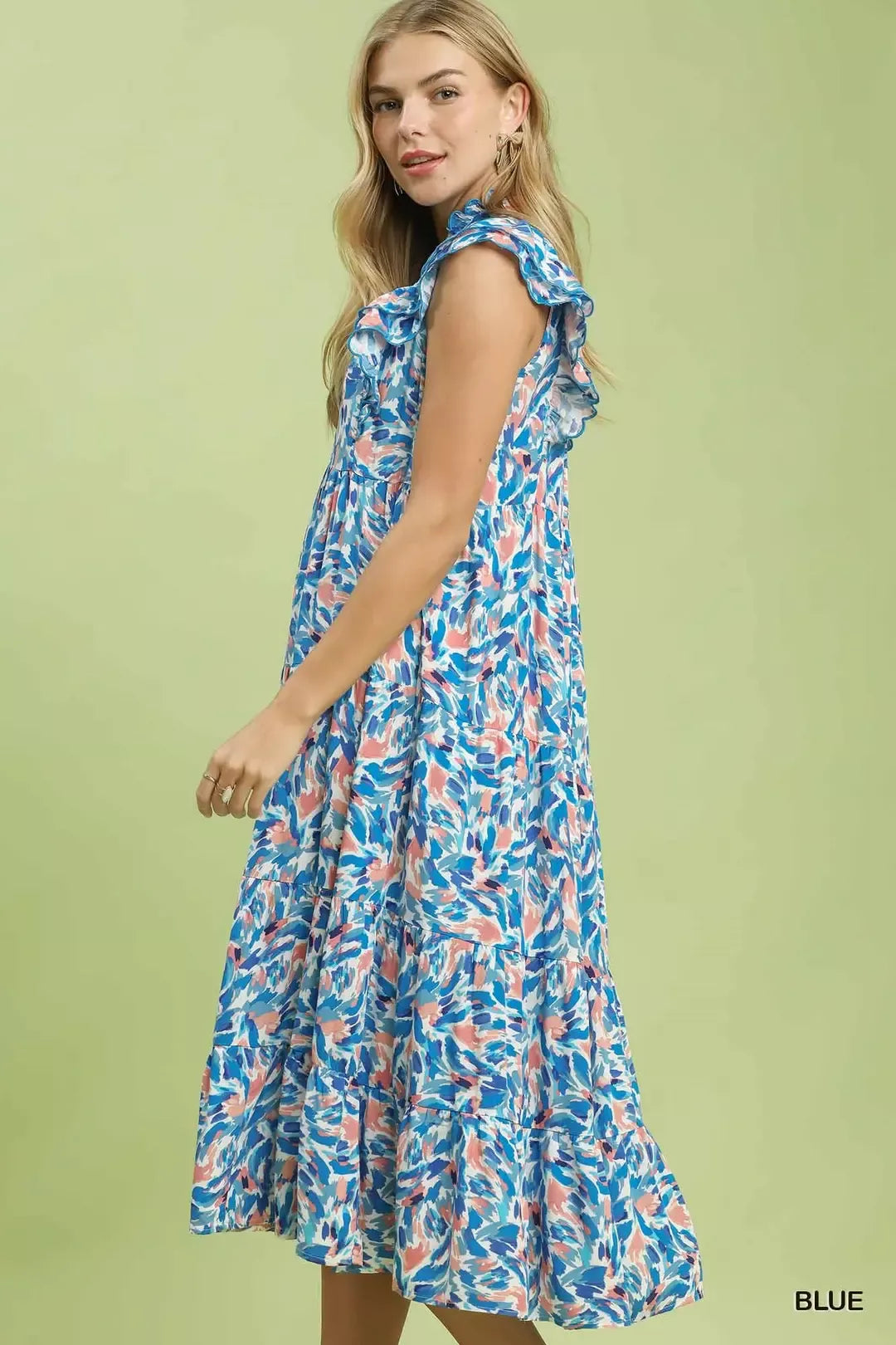 Blue Leaf Print Tiered Midi Dress with Ruffle Sleeves