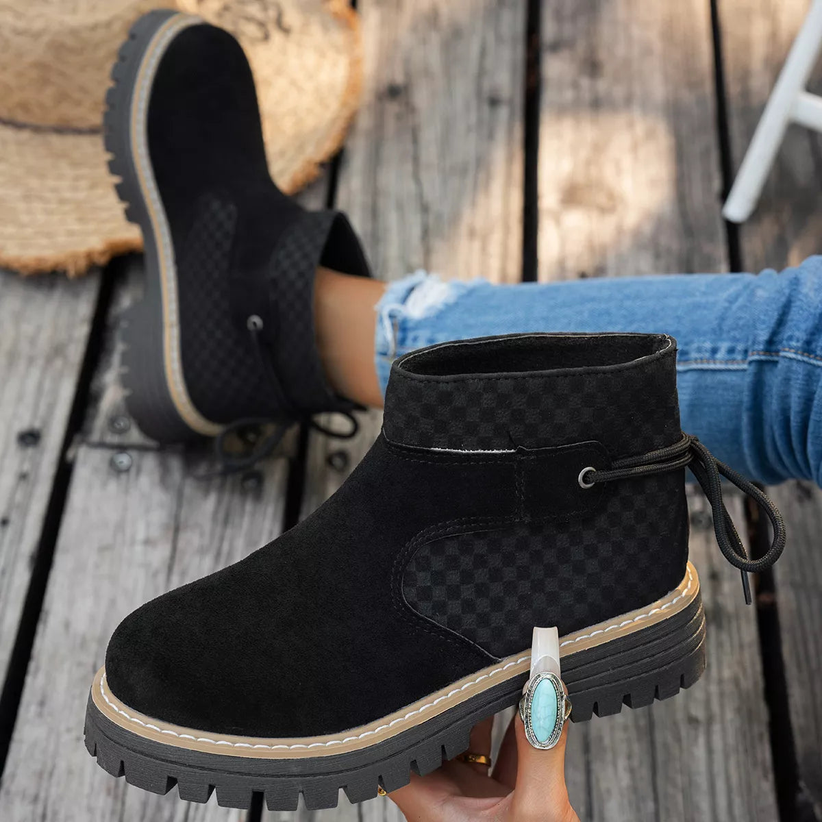 Women's Black Round Toe Platform Suede Boots with Check Detail