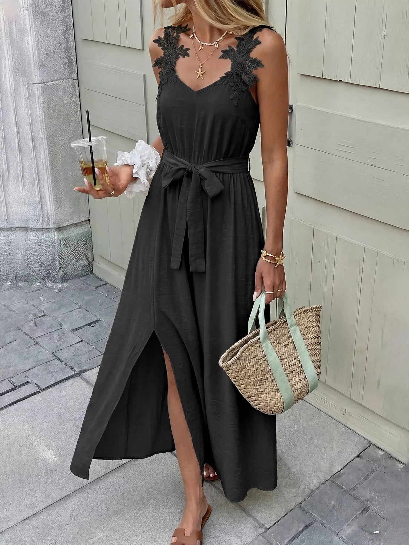 Black Lace Trim Maxi Dress with Tie Waist and Side Slit