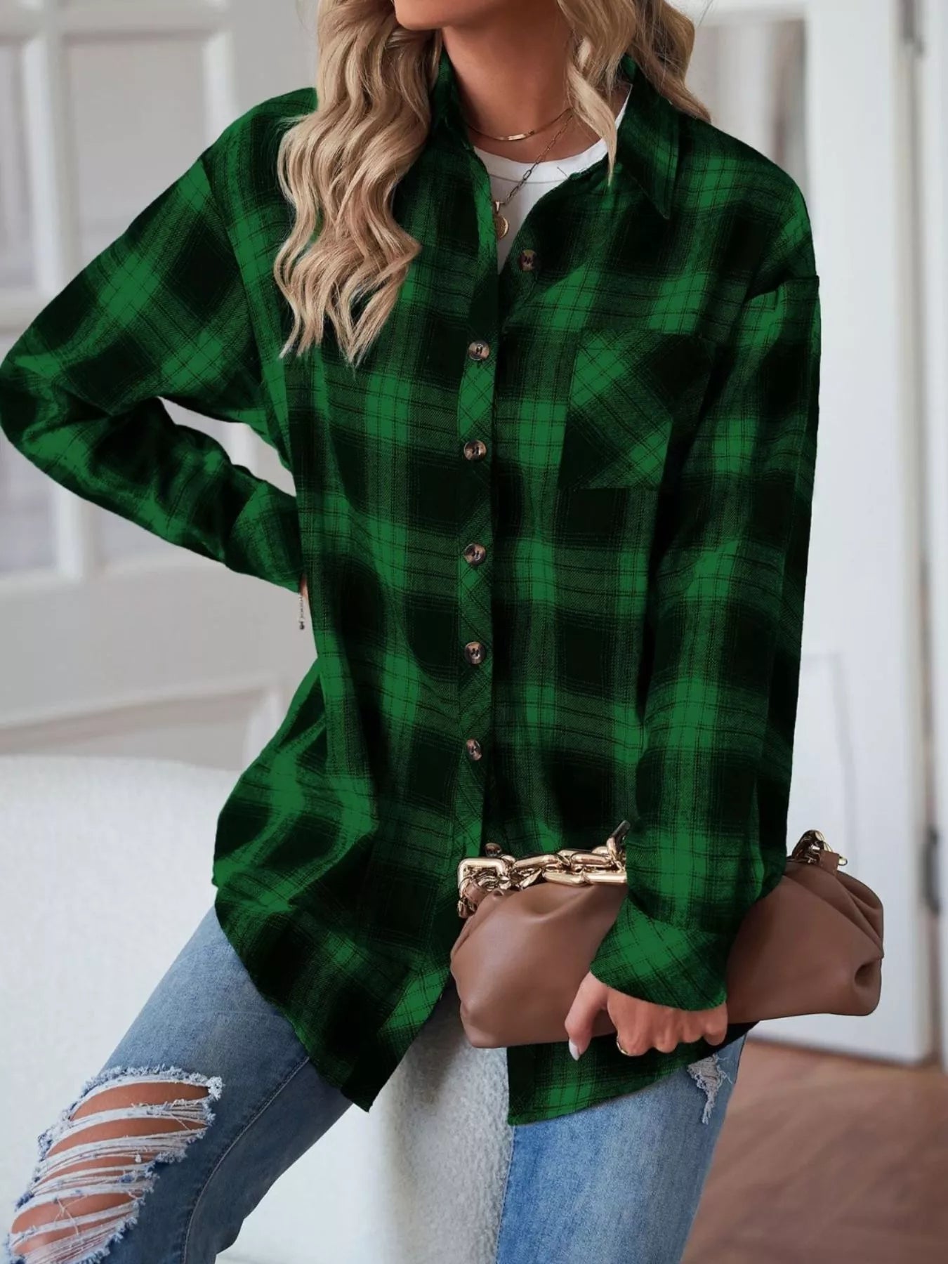 Women's Black and White Plaid Button Up Long Sleeve Shirt