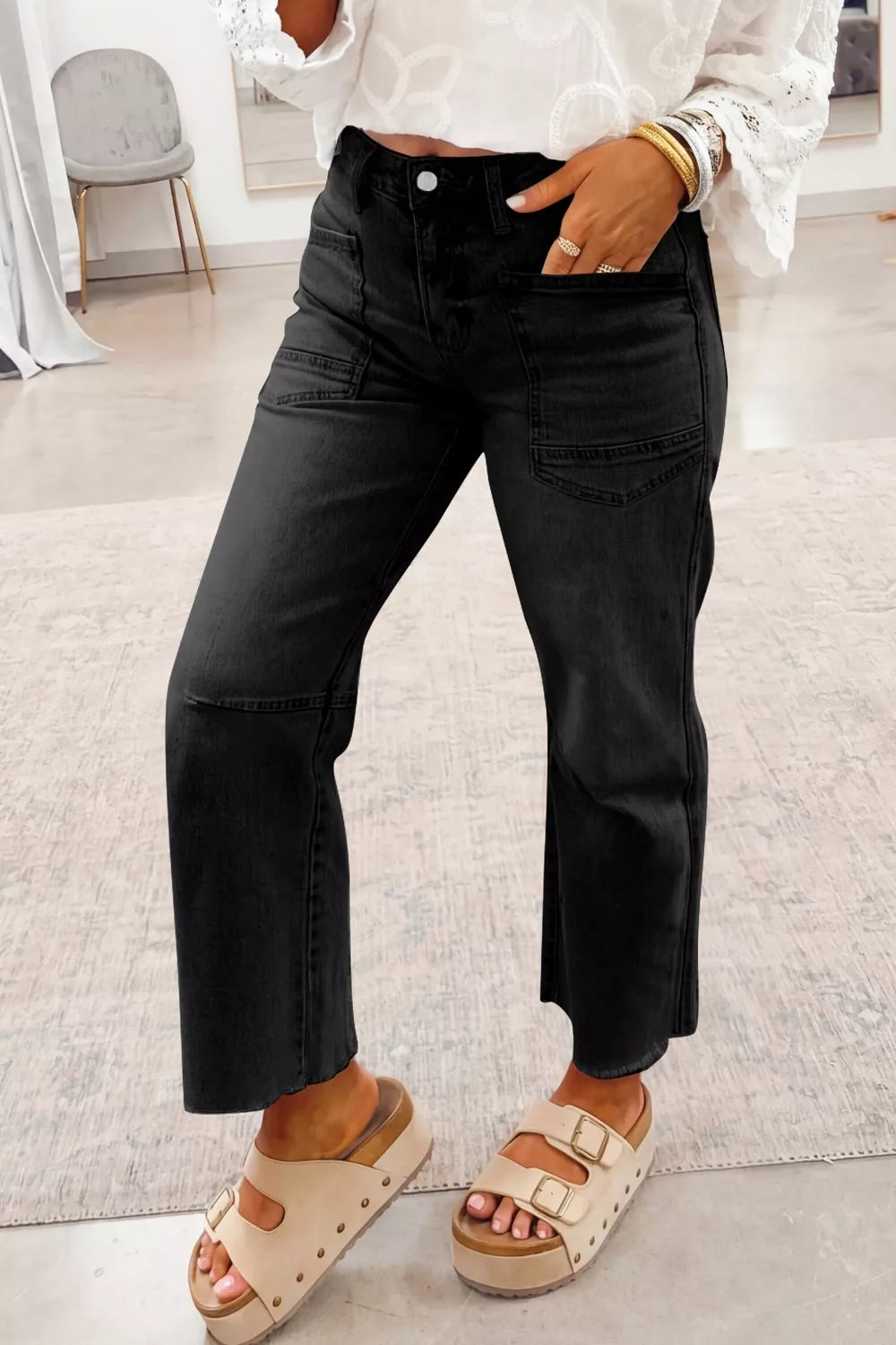Black Frayed Hem Cropped Straight Leg Jeans