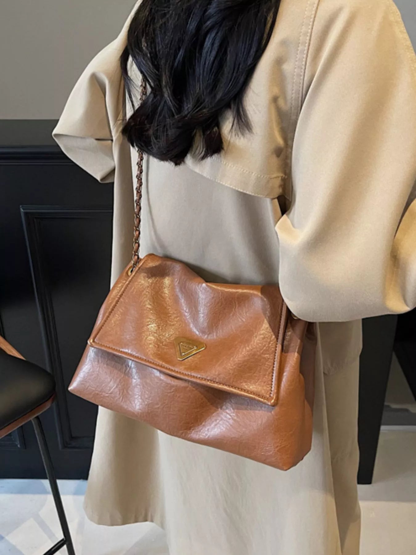 Brown Faux Leather Shoulder Bag with Metal Chain Strap