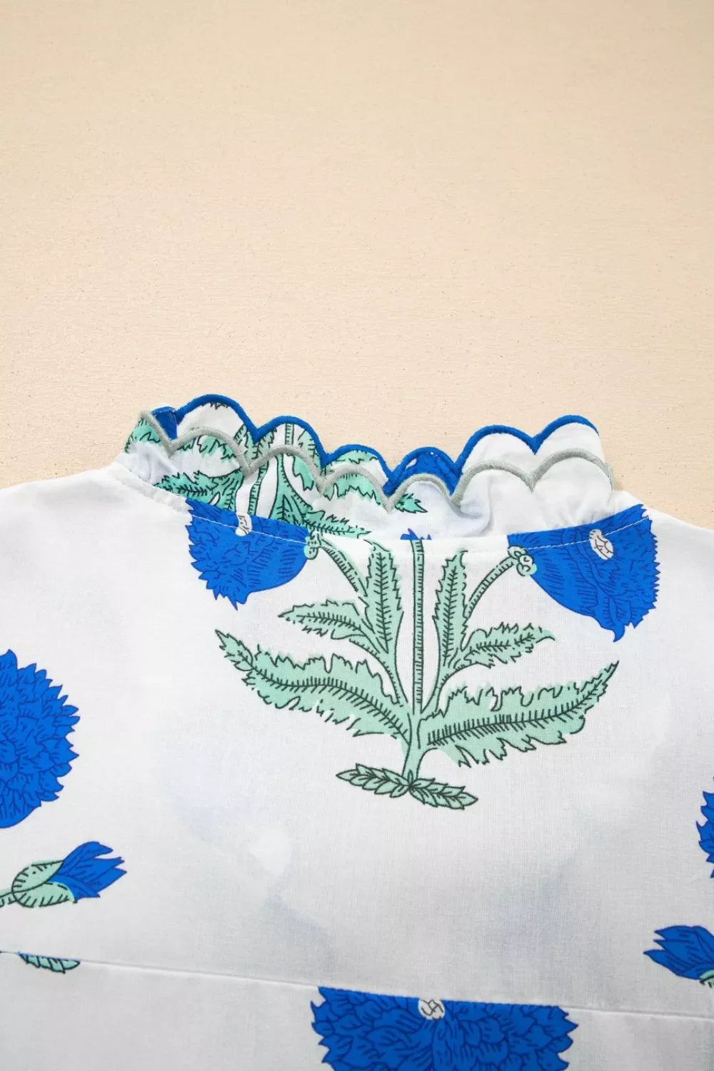 Floral Scallop Trim V Neck Blouse White Pink Green