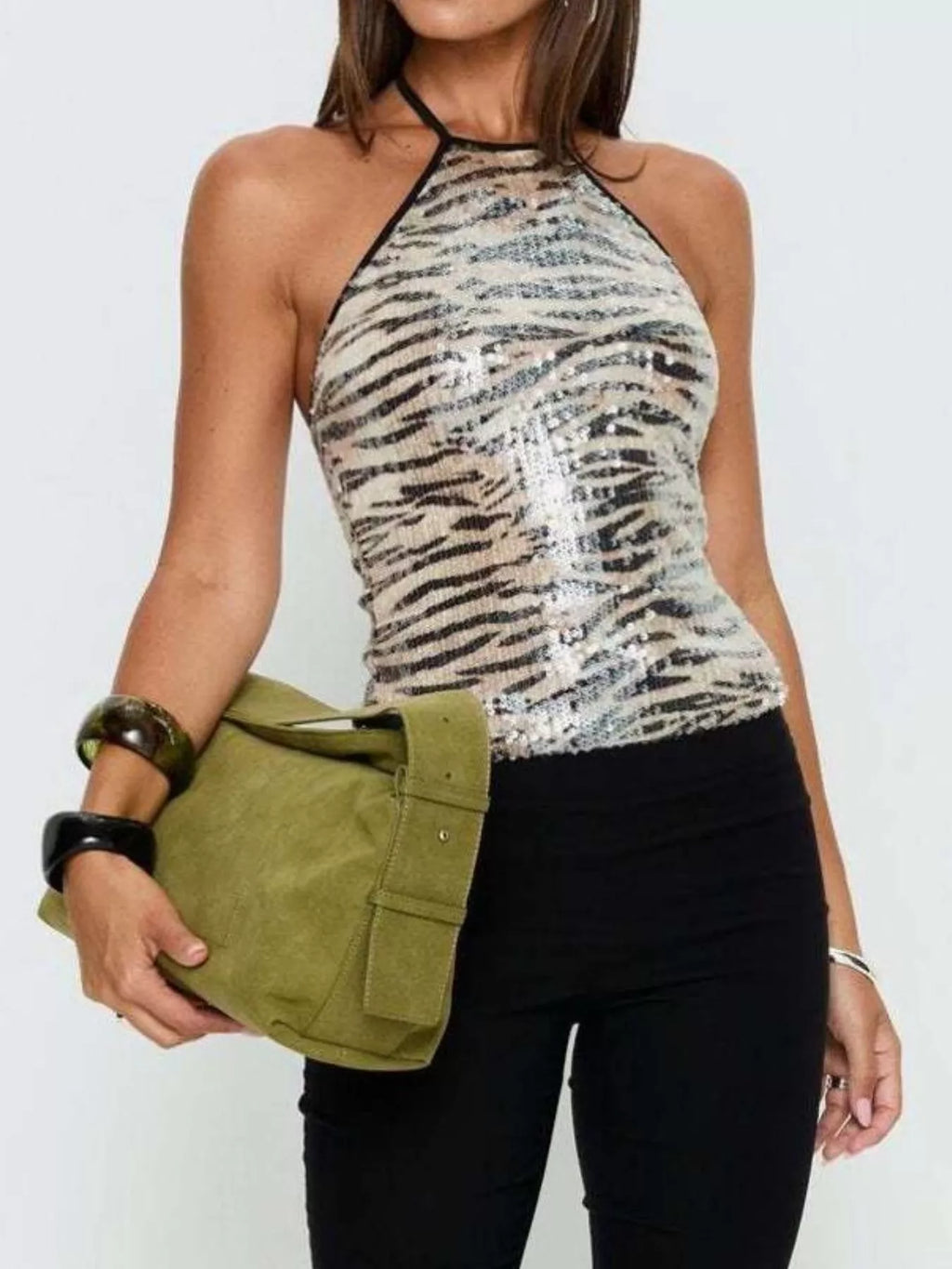 Tiger Print Sequin Halter Cami Top for Evening Wear