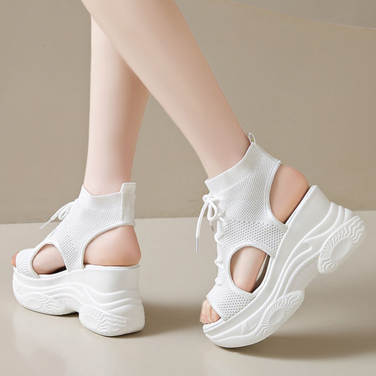 Women's Cutout Mesh Wedge Sandals - White & Black
