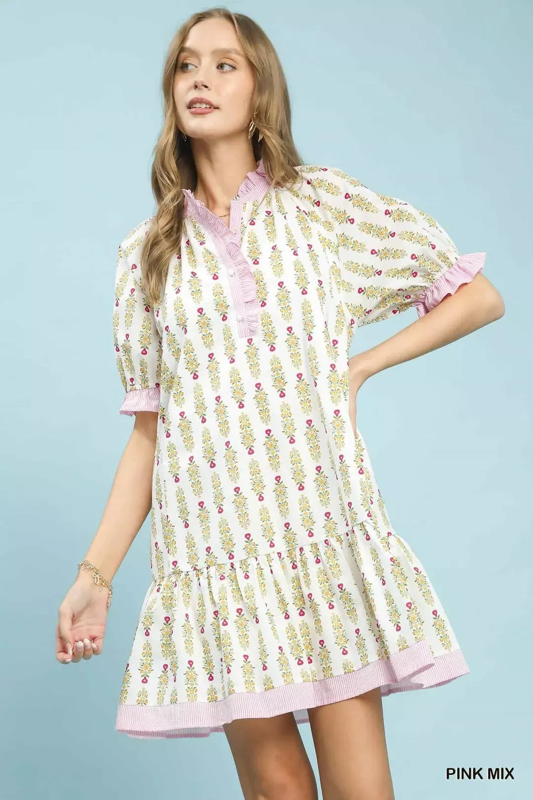 Floral Print Mini Dress with Striped Trim and Ruffle Details