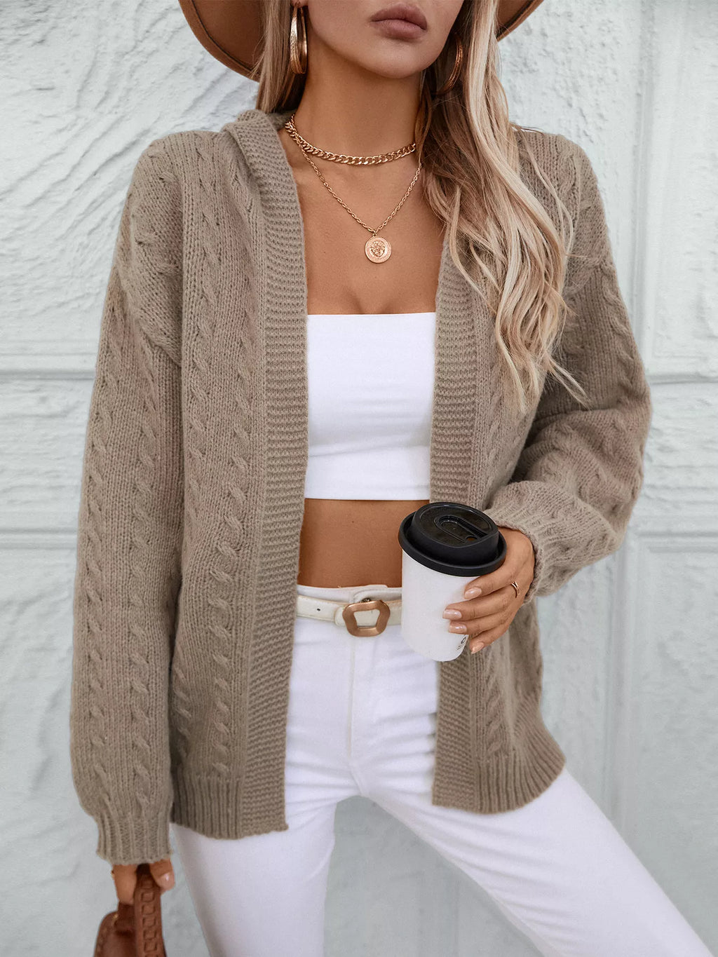 Women's Beige Cable Knit Open Front Cardigan with Hood