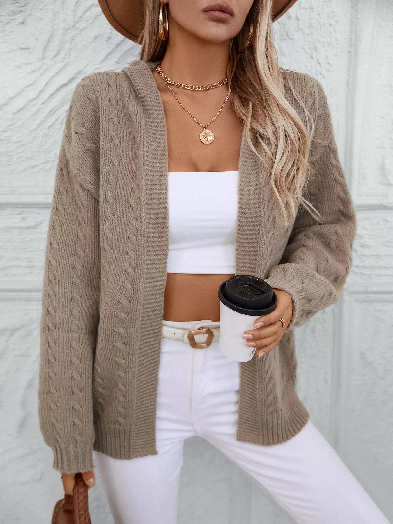 Women's Beige Cable Knit Open Front Cardigan with Hood