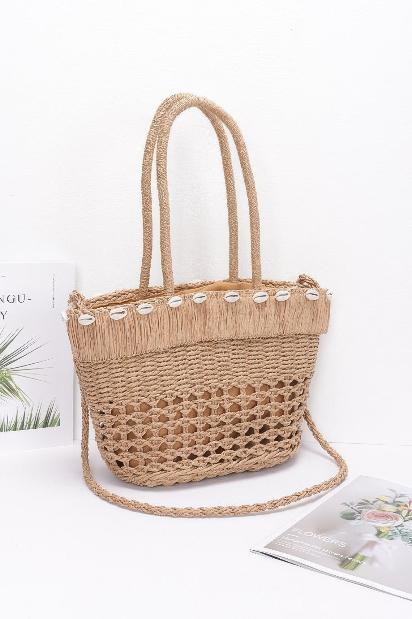 Faux Straw Shell Tote Bag
