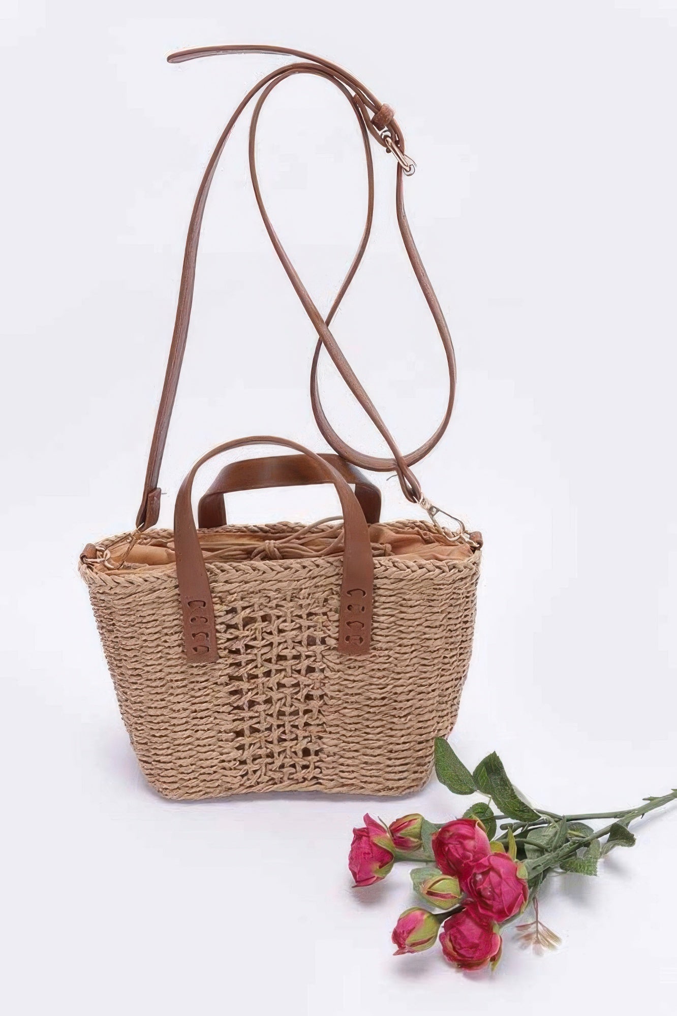 Faux Straw Top Handle Small Tote Bag