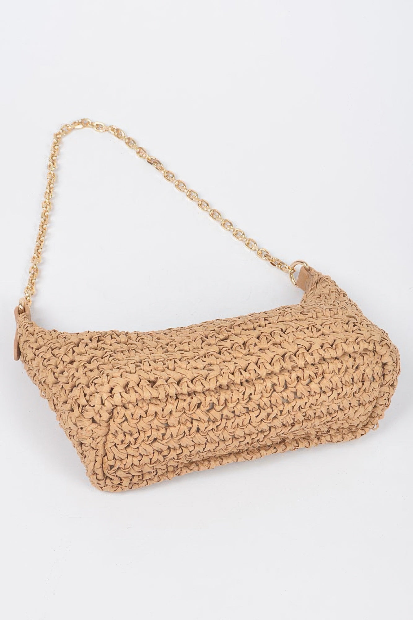 Faux Straw Zip Chain Shoulder Clutch