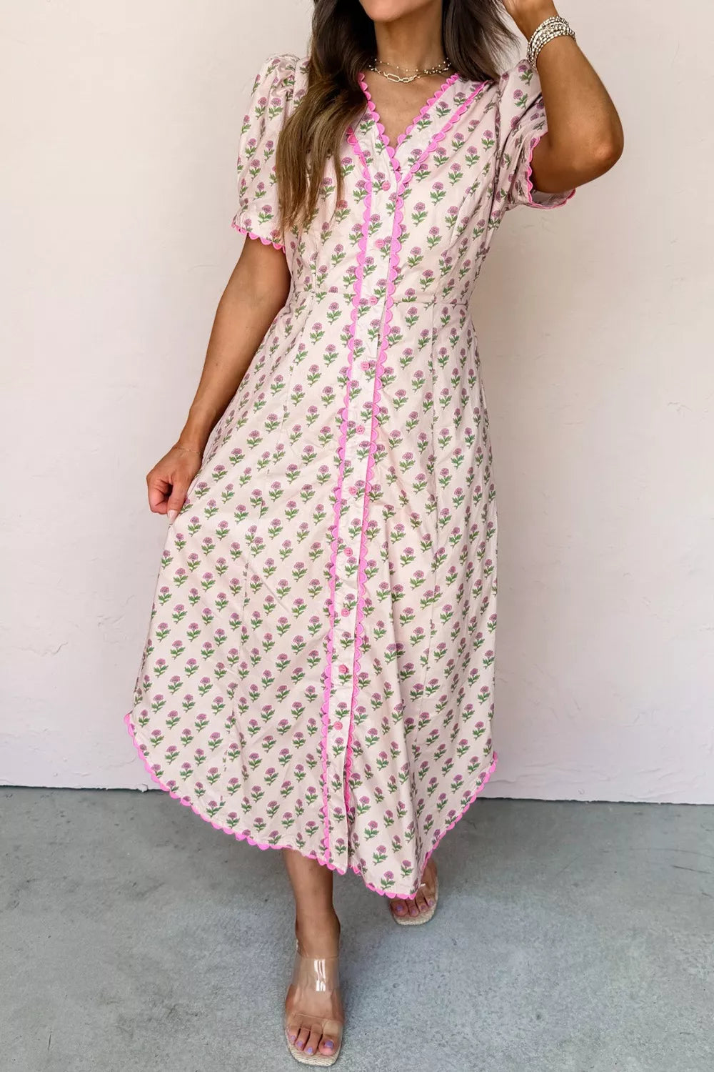 Floral Print Button Front Midi Dress with Scallop Trim Details