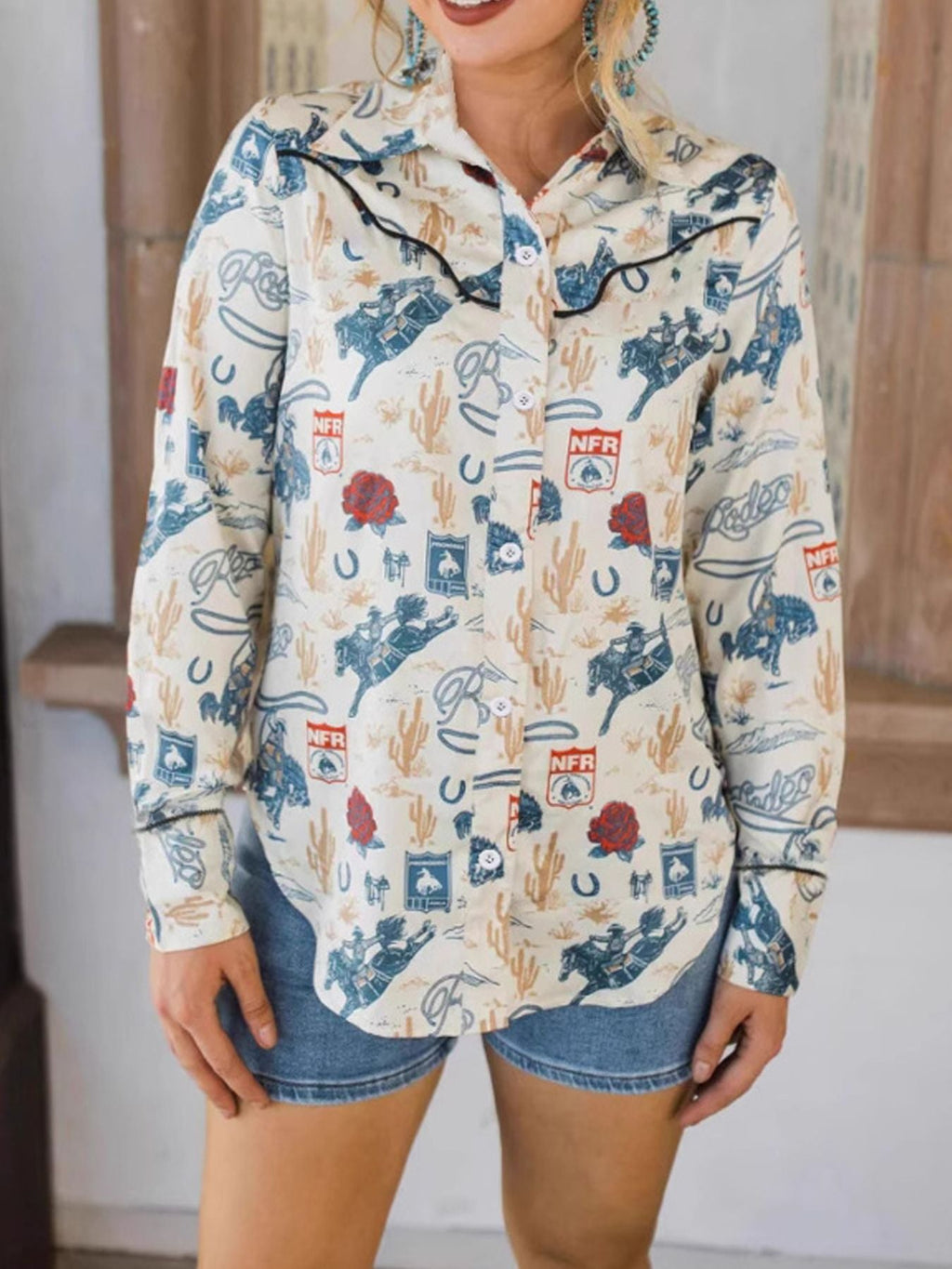 Women's Western Rodeo Print Long Sleeve Button-Up Shirt