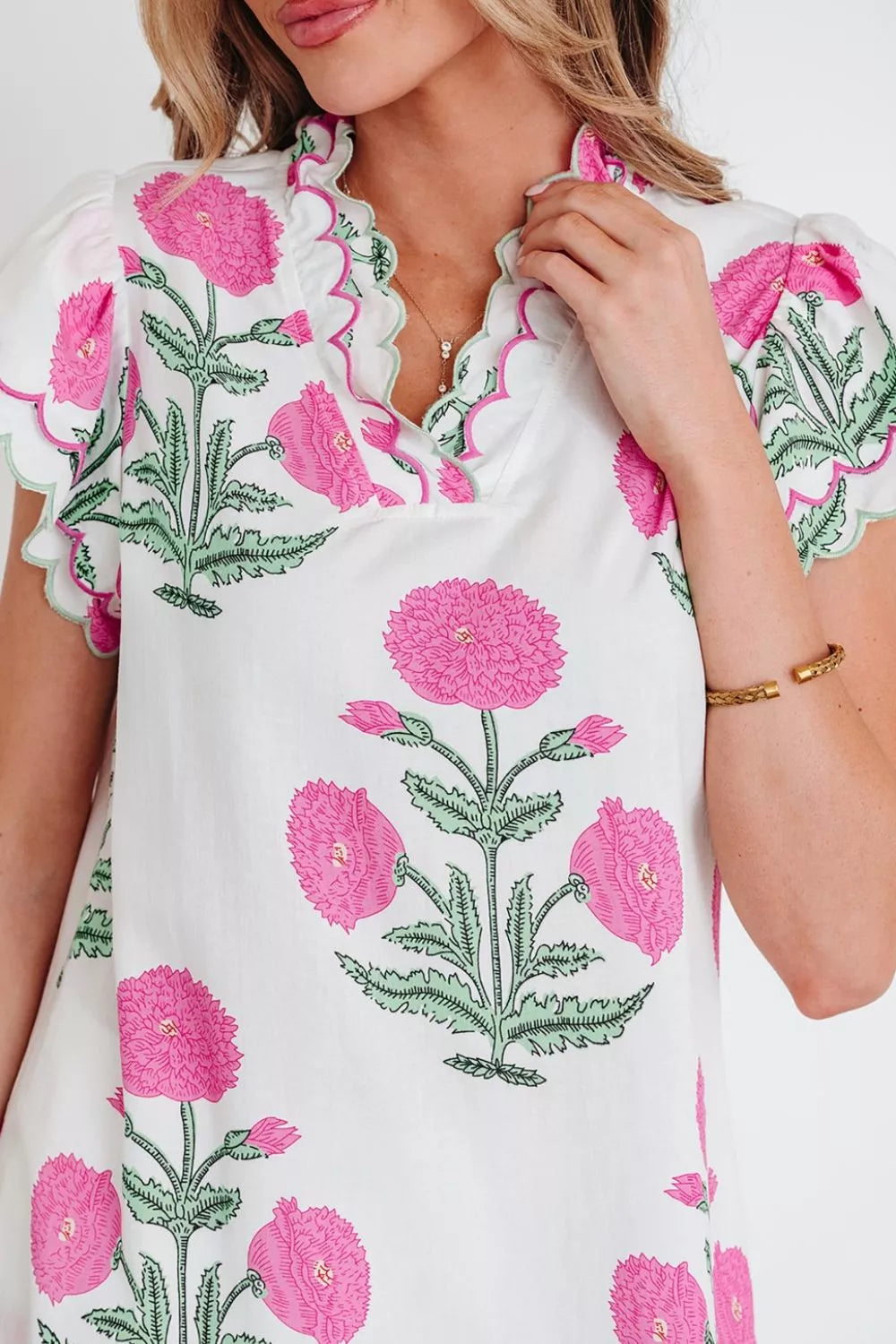 Floral Scallop Trim V Neck Blouse White Pink Green