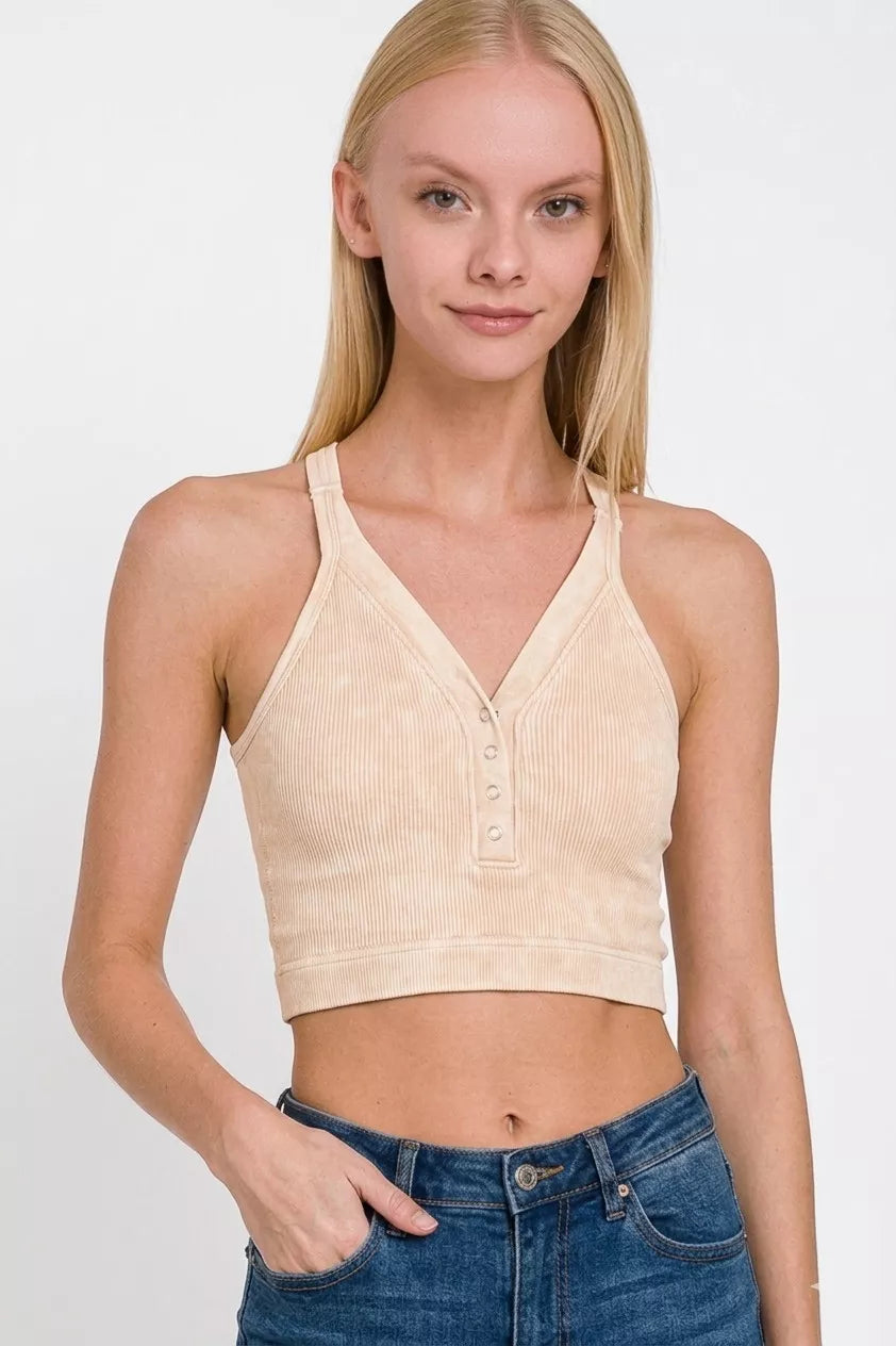 Sand Beige Washed Ribbed Seamless V-Neck Button Tank Top