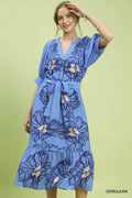 Floral Print V-Neck Midi Dress with Belted Waist in Cerulean