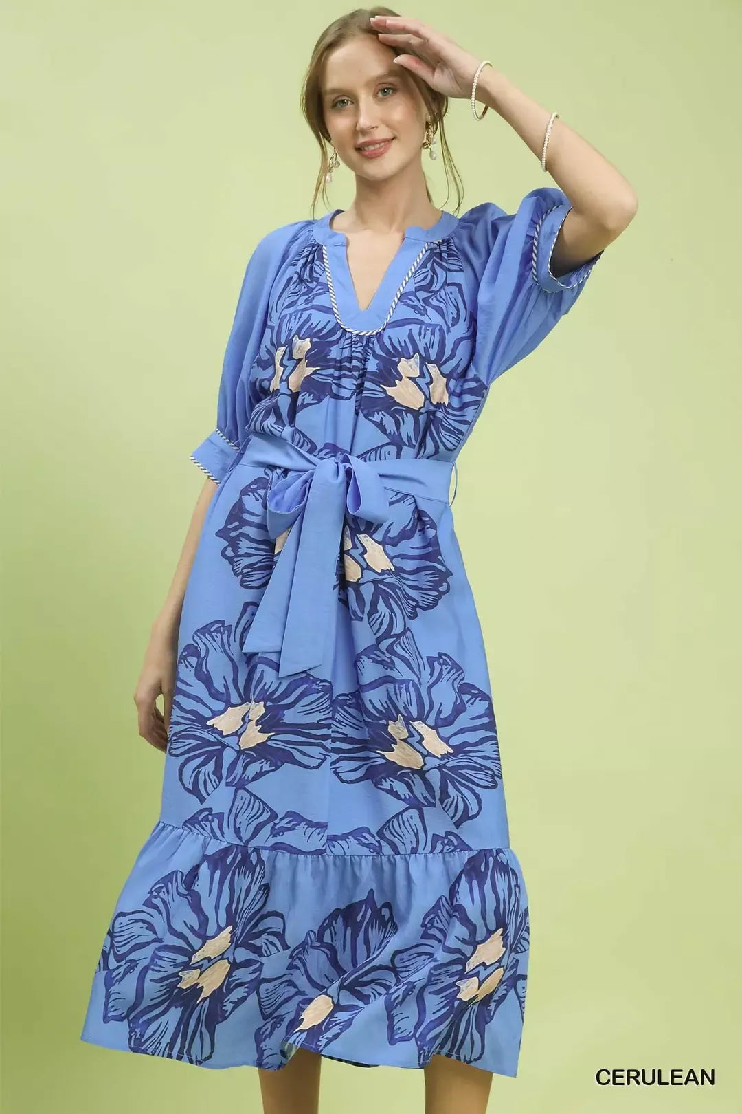Floral Print V-Neck Midi Dress with Belted Waist in Cerulean