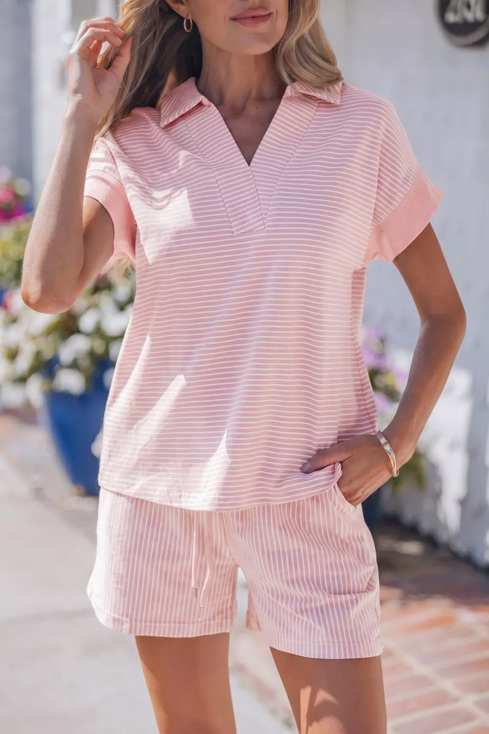 Striped Dolman Sleeve Polo Shirt and Drawstring Shorts Set