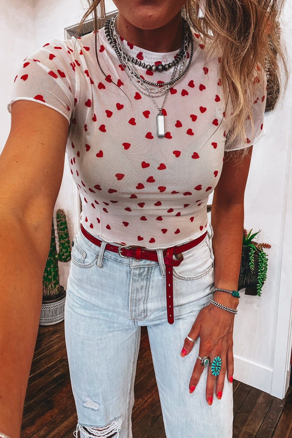 Women's Sheer Heart Print Fitted T-Shirt Short Sleeve Casual Top