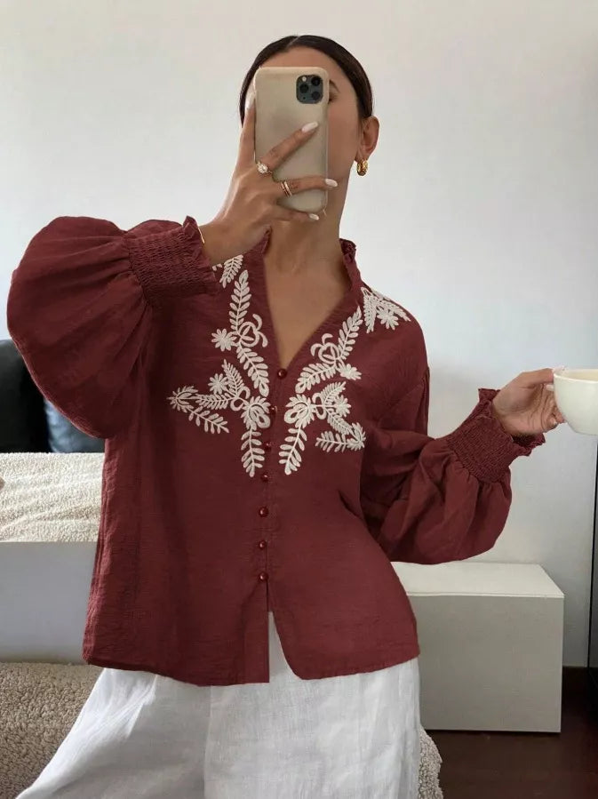 Women's Embroidered White Long Sleeve Notched Collar Blouse