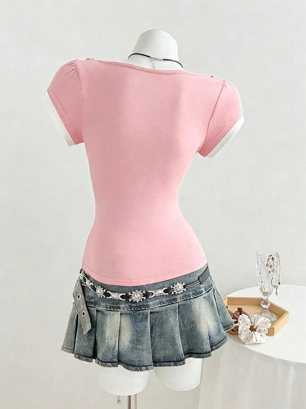 Pink Frill Trim Bow Detail Cap Sleeve Slim Fit T-Shirt