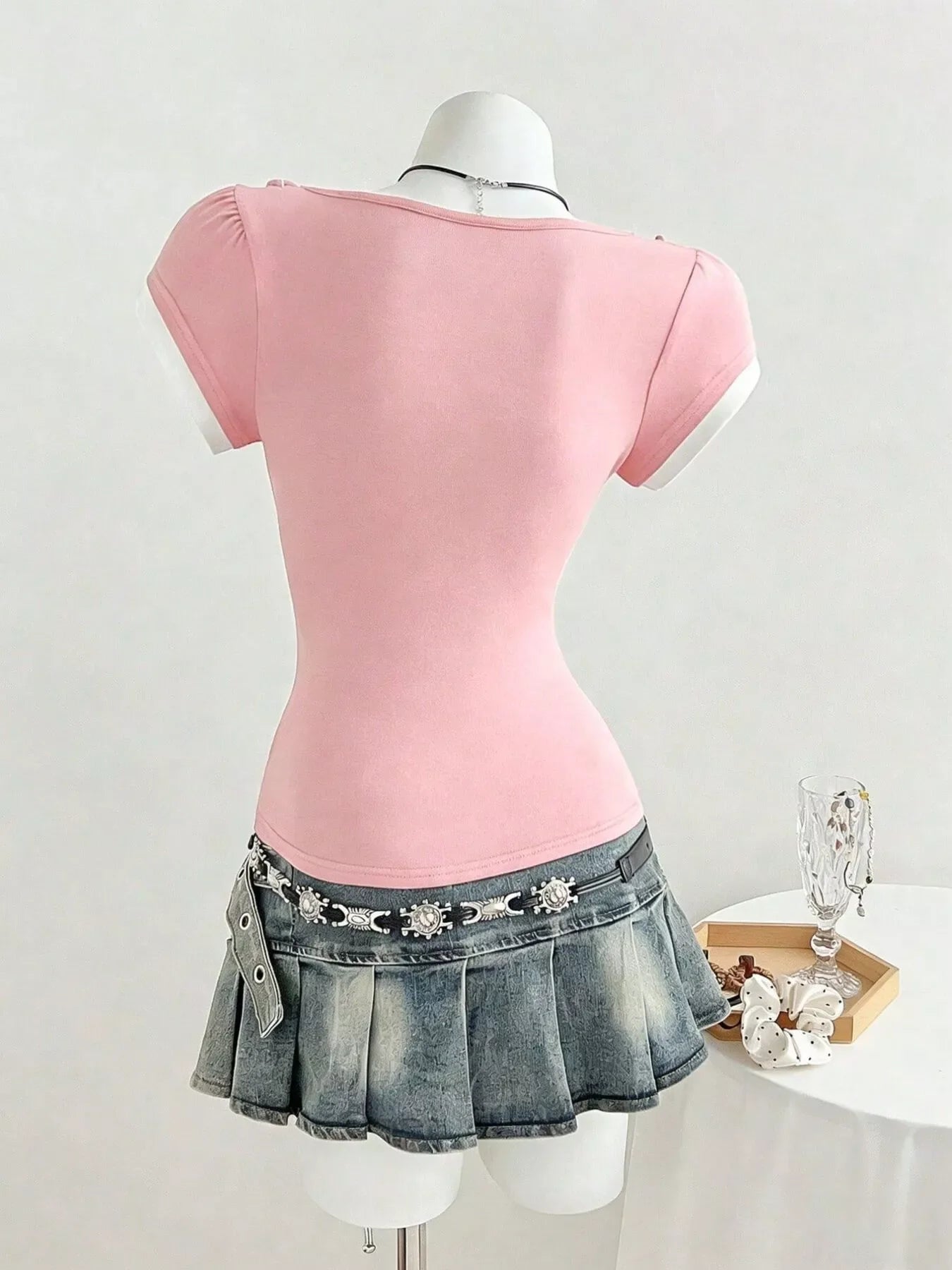 Pink Frill Trim Bow Detail Cap Sleeve Slim Fit T-Shirt