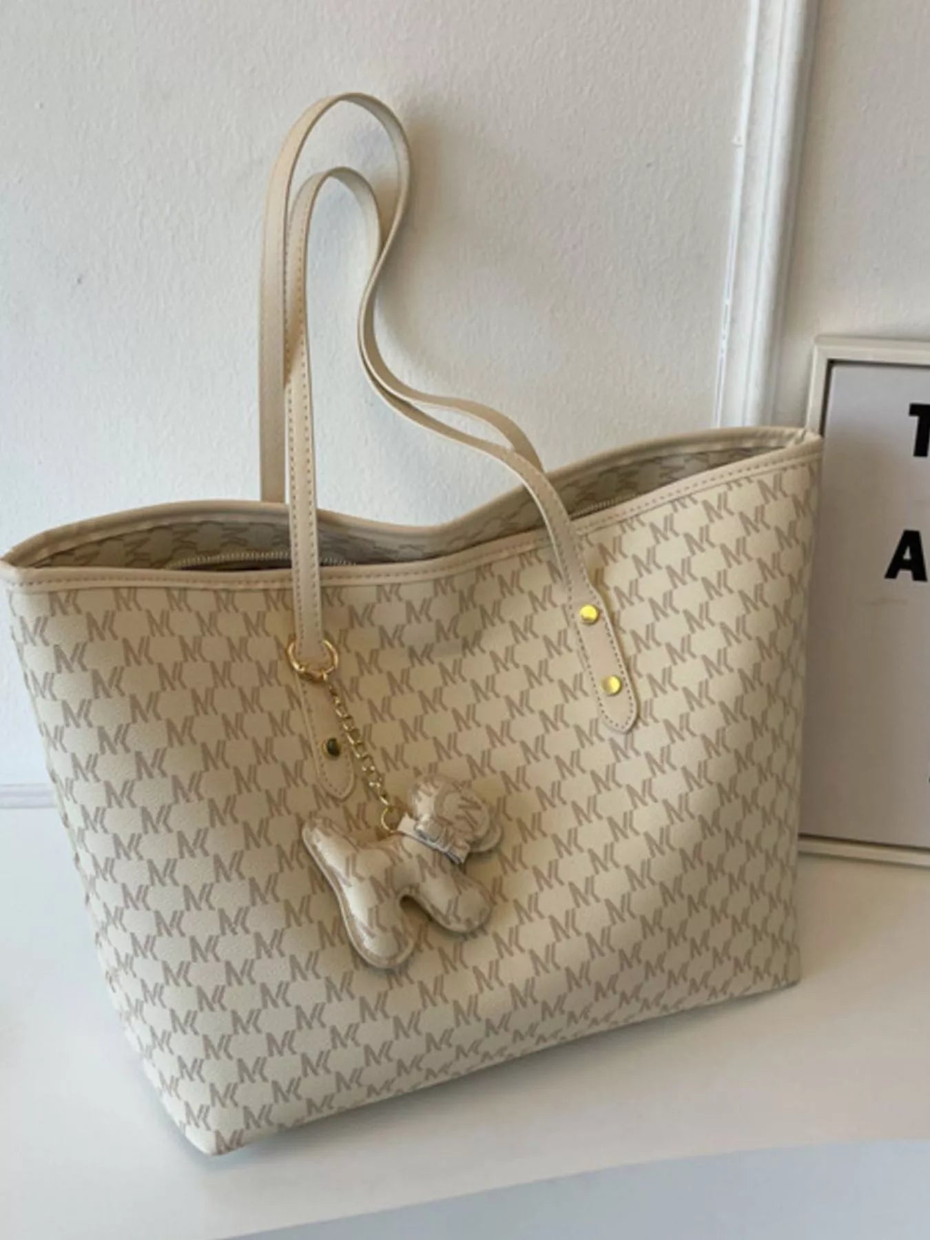 Beige Patterned Large Capacity Tote Bag PU Leather Shoulder Bag