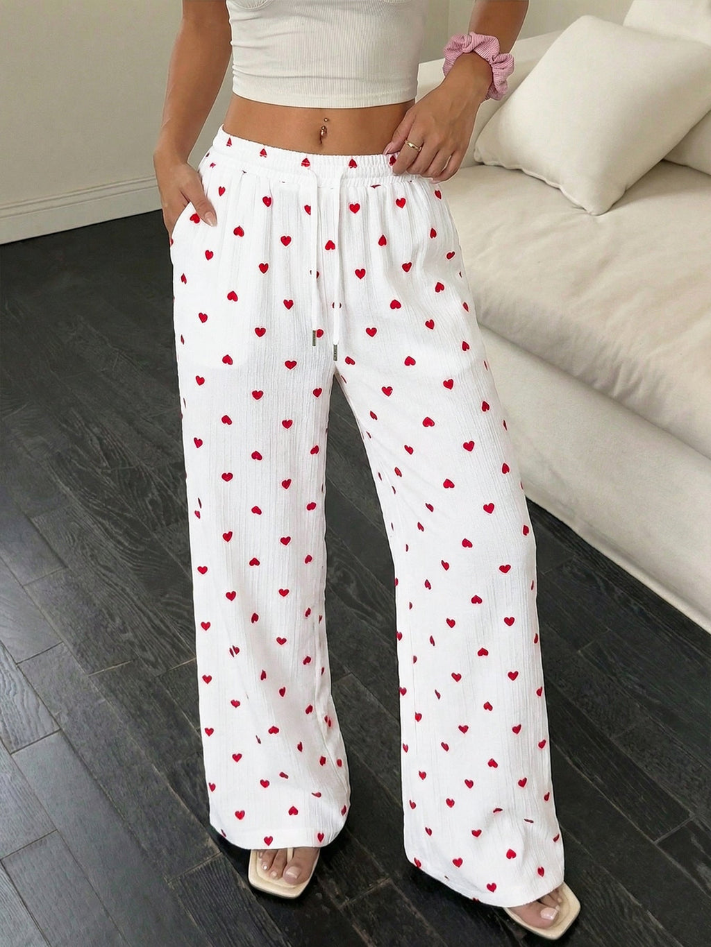 White Red Heart Print Drawstring Waist Wide Leg Lounge Pants