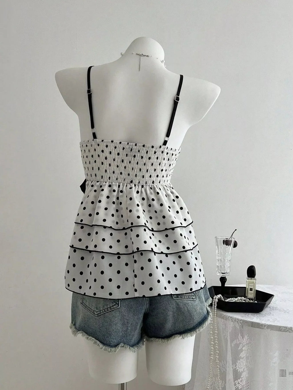 Polka Dot Ruffle Hem Cami with Lace Trim and Waist Tie